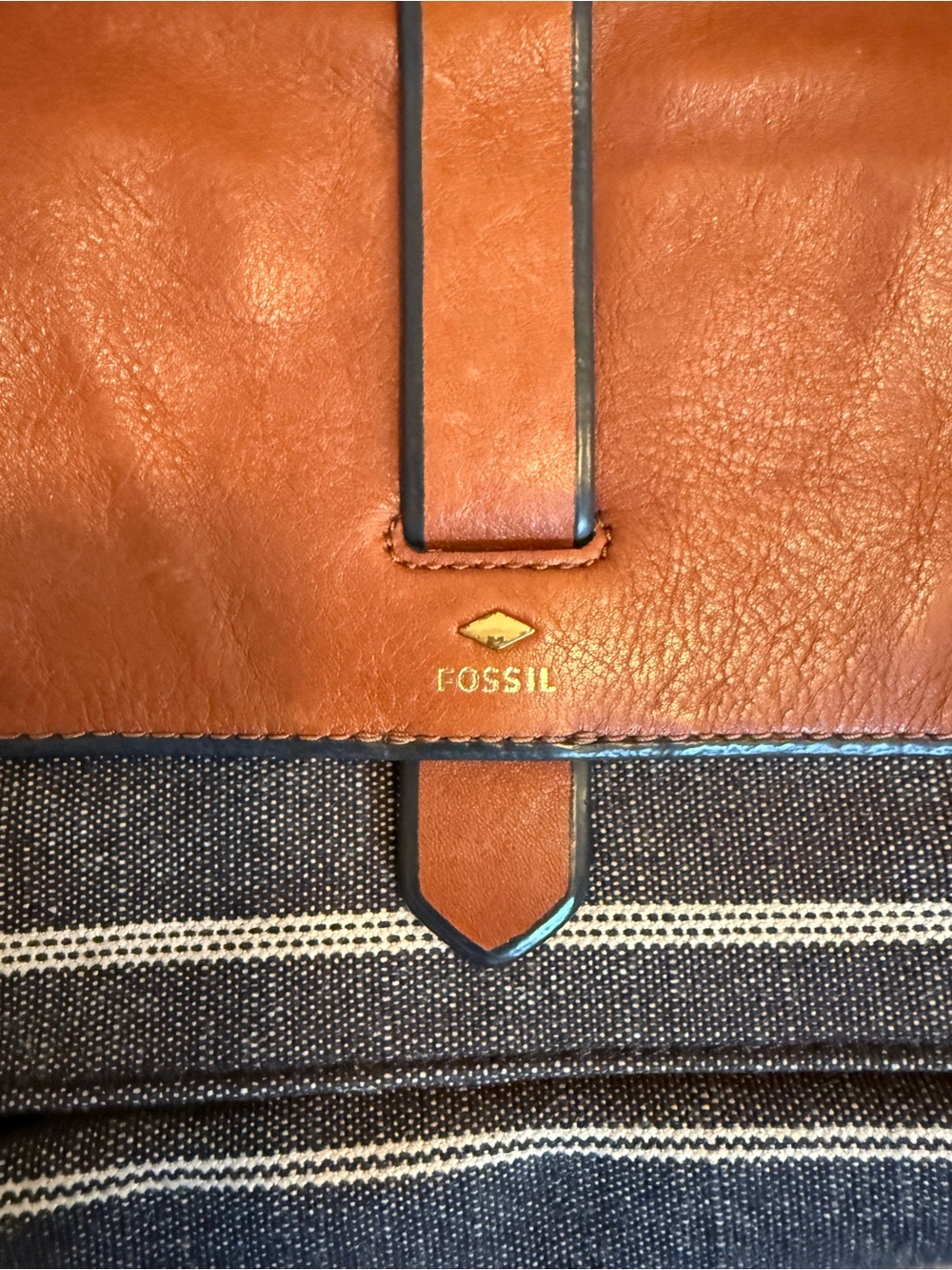 Fossil Brown Leather and Navy Striped Canvas Crossbody bag